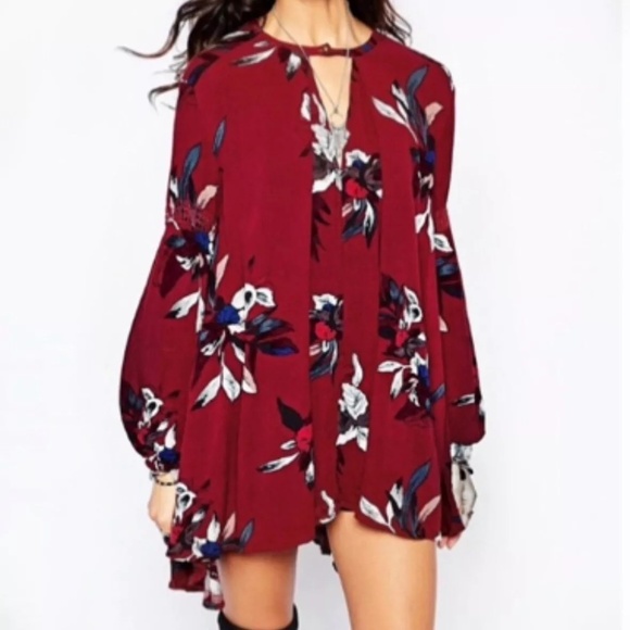 EUC ✵☽Free People☾✵ Red <Electric Orchid> Blue Floral Swing Tunic Dress | Small - Picture 9 of 16